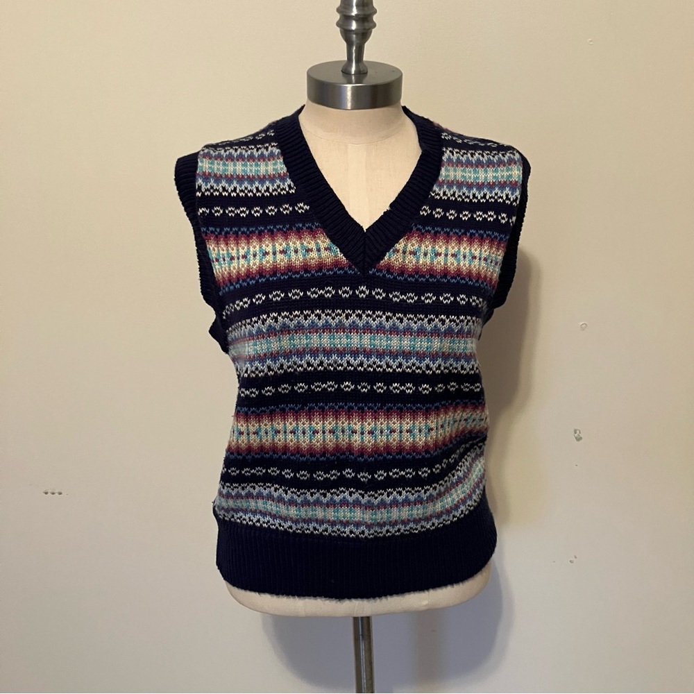 VTG Women’s 99s Fair Isle Sweater Vest Size M Navy Preppy Cottage V-neck Y2K